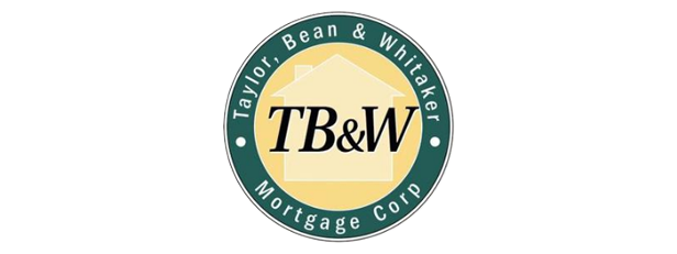 Circular logo for Taylor, Bean & Whitaker Mortgage Corp, featuring a house silhouette with the initials TB&W in bold letters in the center, surrounded by a green border with the company name.