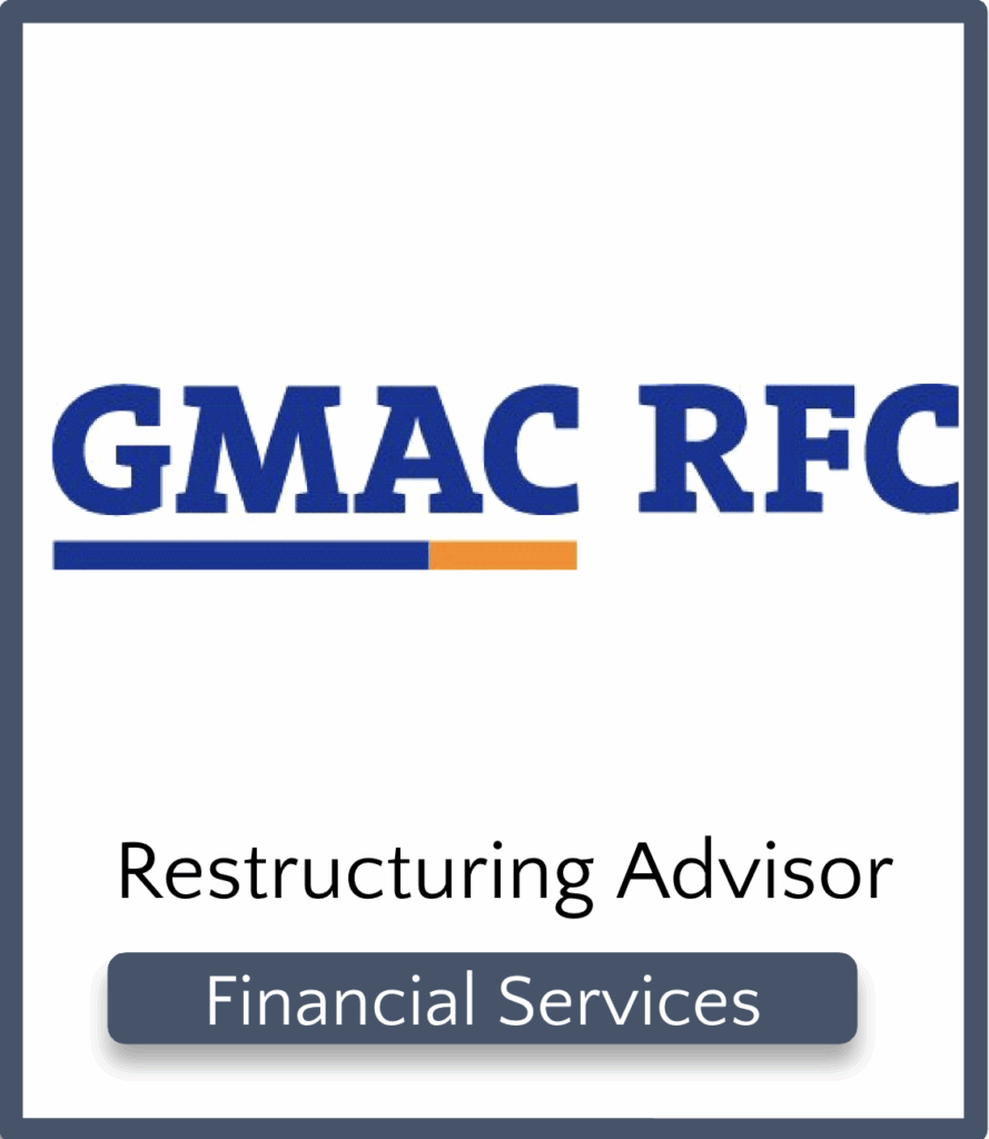 Logo of GMAC RFC in bold blue letters with an orange line underneath the A, above the text Restructuring Advisor and a grey button labeled Financial Services on a white background.