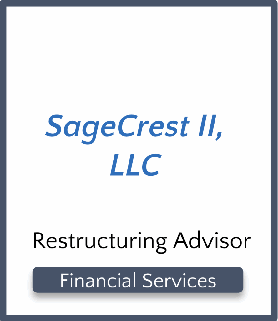 The image displays the text SageCrest II, LLC in blue, with Restructuring Advisor and Financial Services in black and white boxes, all on a white background with a dark border.